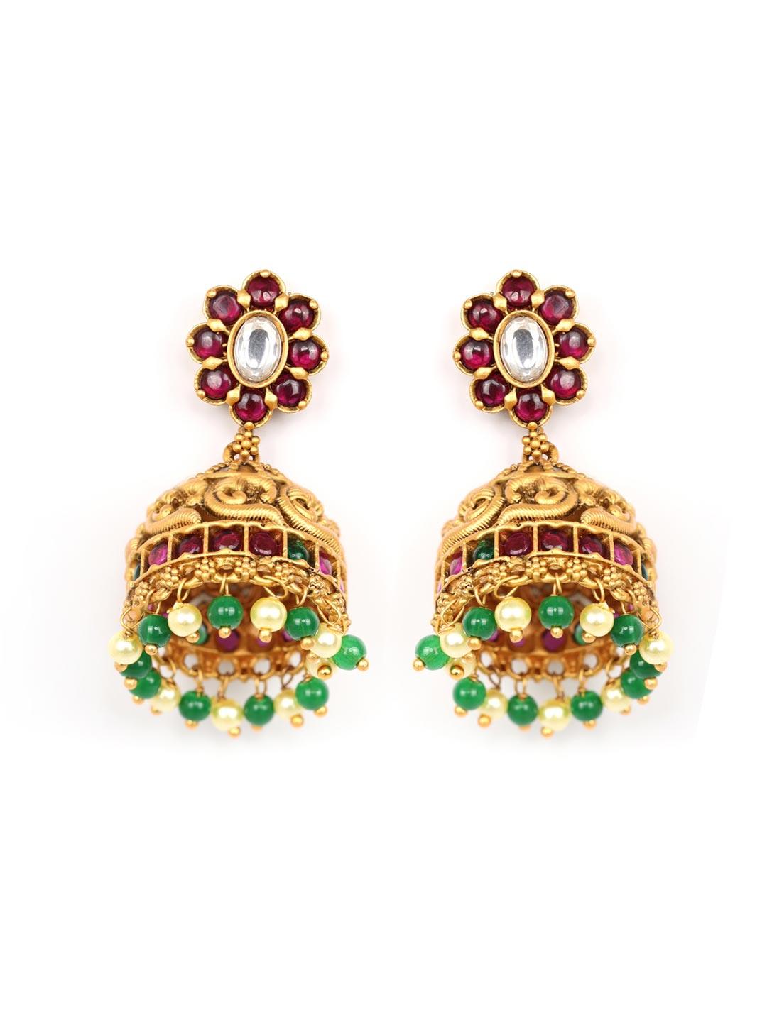 Women's Emerald Ruby Pearls Beads Stones Gold Plated Peacock Choker Set - Priyaasi - Indiakreations