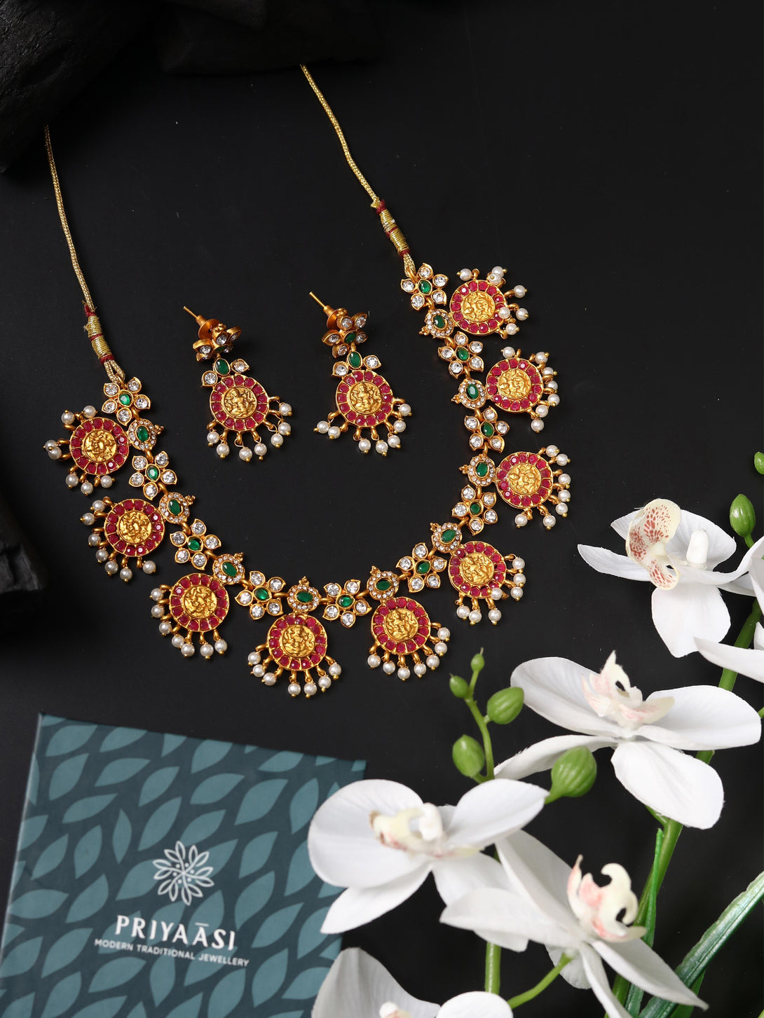 Women's Ruby Beads Stones Gold Plated Temple Jewellery Set - Priyaasi - Indiakreations