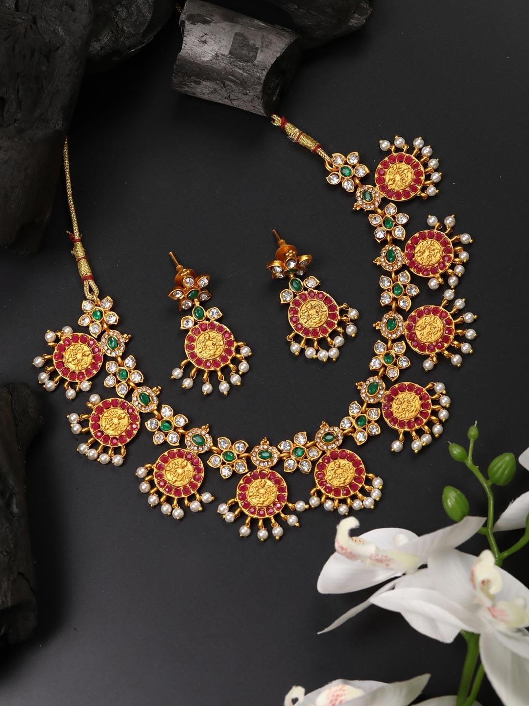 Women's Ruby Beads Stones Gold Plated Temple Jewellery Set - Priyaasi - Indiakreations