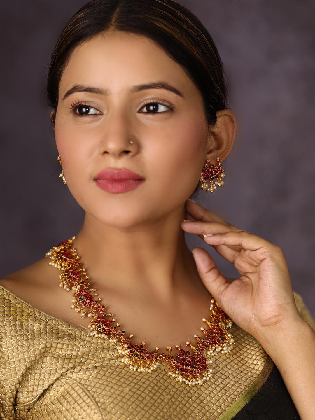 Women's Ruby Emerald Beads Gold Plated Jewellery Set - Priyaasi - Indiakreations