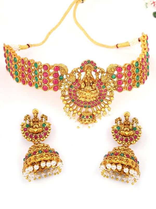 Women's Shakti - Ruby Emerald Beads Gold Plated Choker Set - Priyaasi - Indiakreations