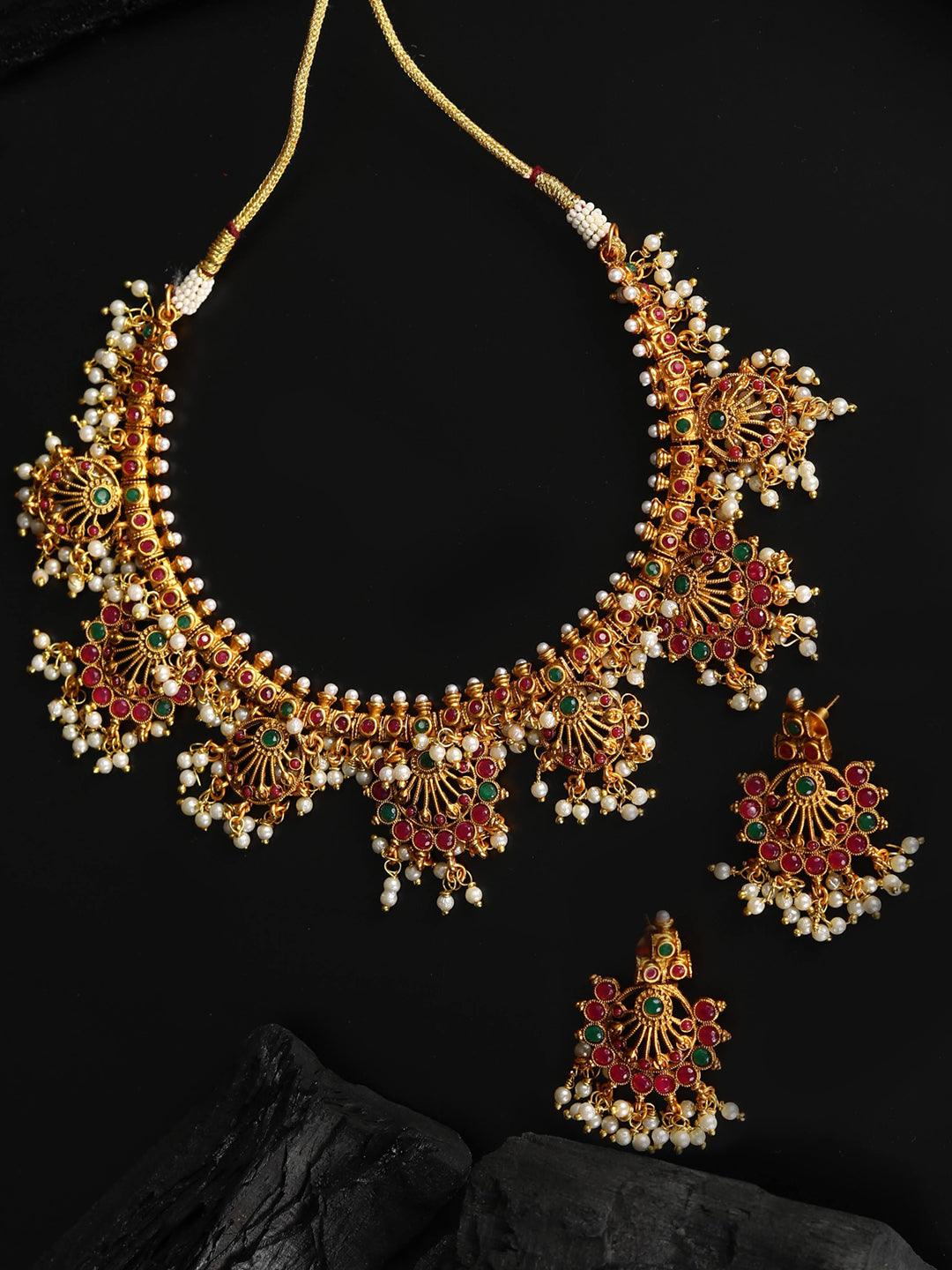 Women's Srinagar Ras - Ruby Emerald Beads Gold Plated Jewellery Set - Priyaasi - Indiakreations