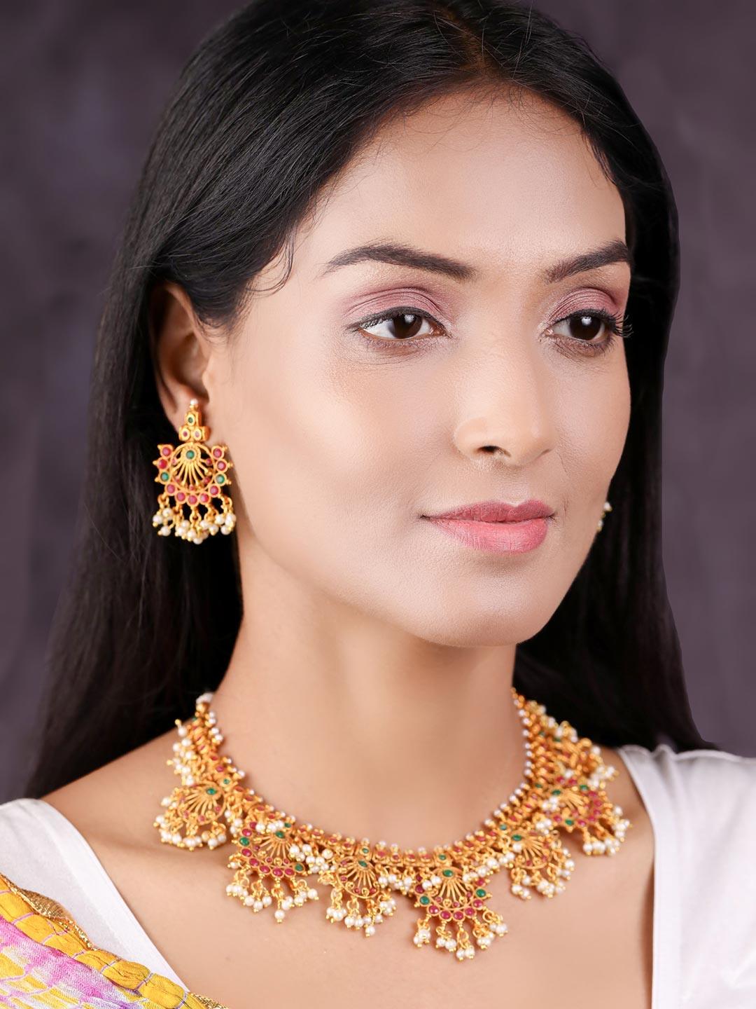 Women's Srinagar Ras - Ruby Emerald Beads Gold Plated Jewellery Set - Priyaasi - Indiakreations