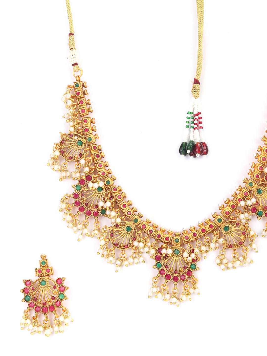 Women's Srinagar Ras - Ruby Emerald Beads Gold Plated Jewellery Set - Priyaasi - Indiakreations