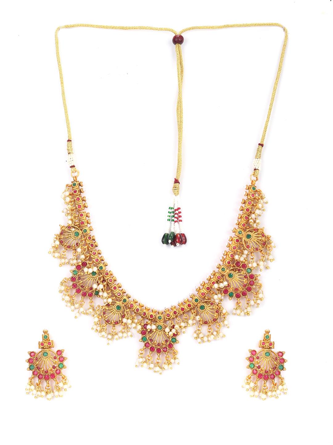 Women's Srinagar Ras - Ruby Emerald Beads Gold Plated Jewellery Set - Priyaasi - Indiakreations