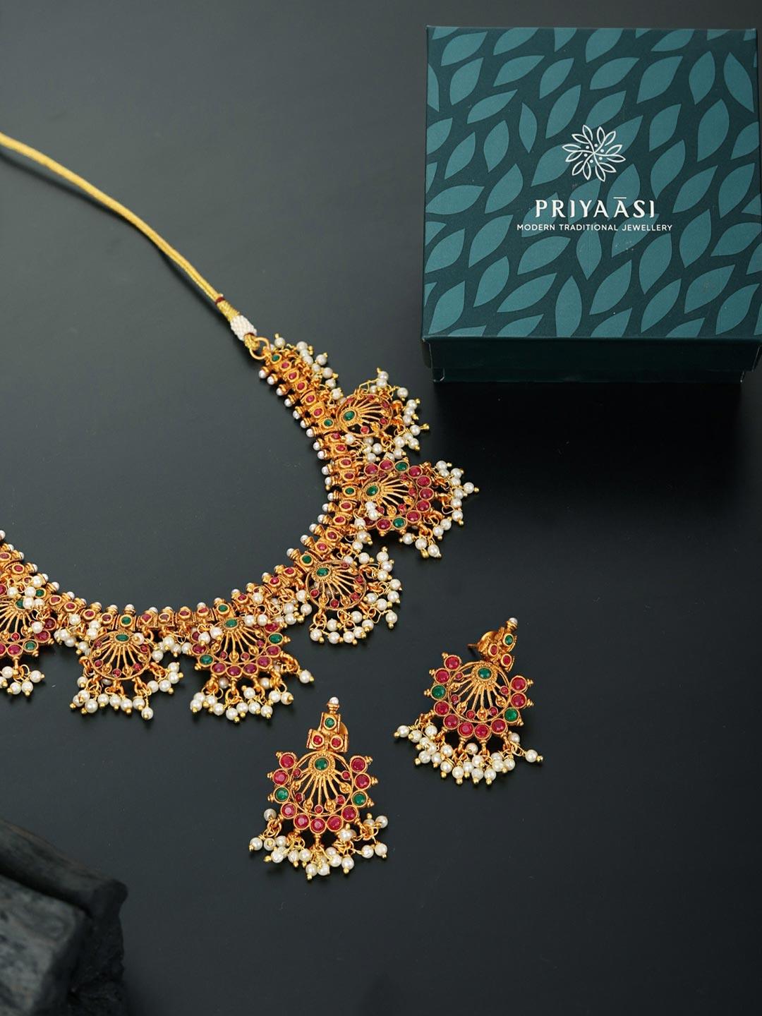 Women's Srinagar Ras - Ruby Emerald Beads Gold Plated Jewellery Set - Priyaasi - Indiakreations