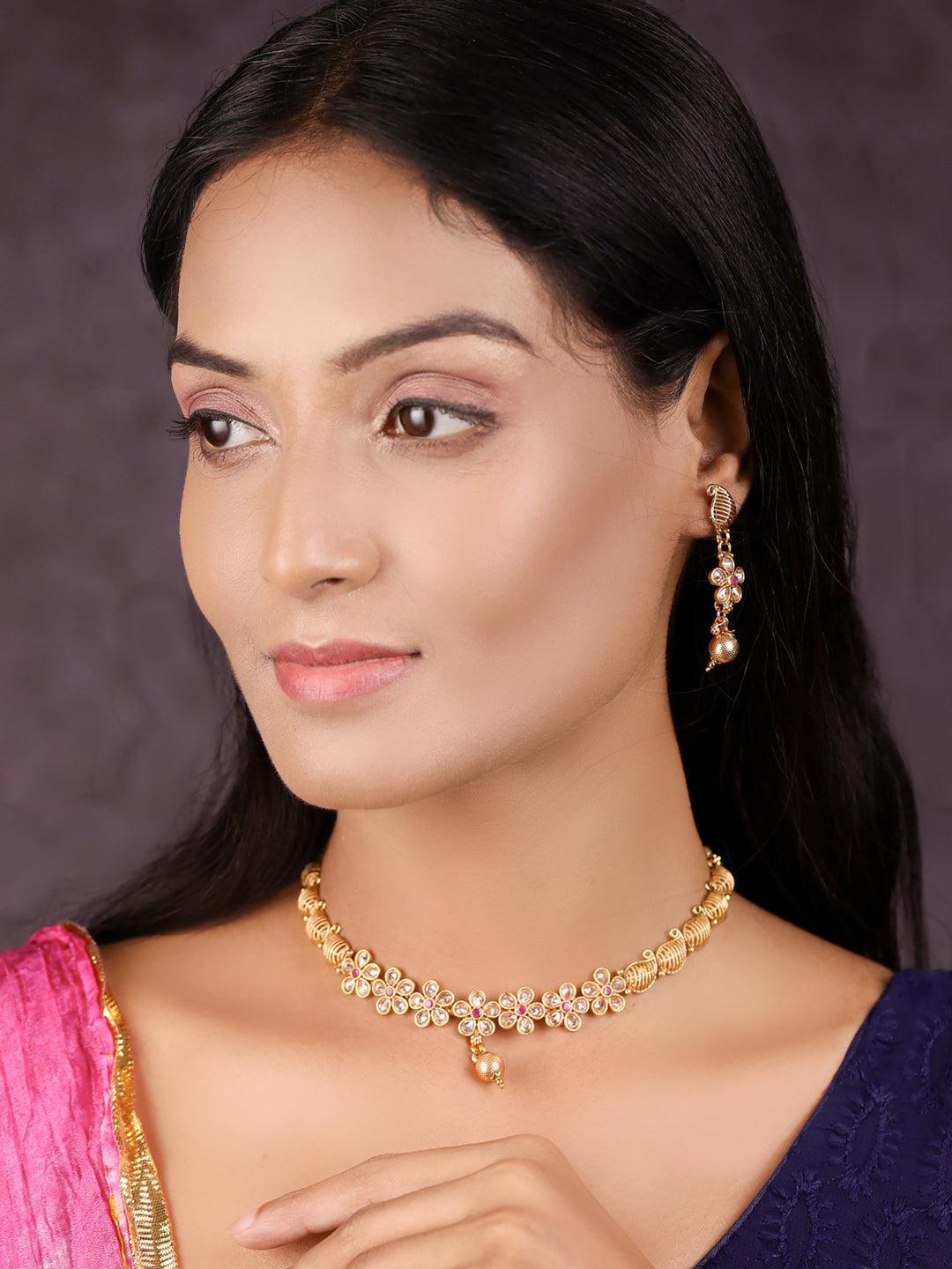 Women's Kundan Pearls Gold Plated Floral Jewellery Set - Priyaasi - Indiakreations