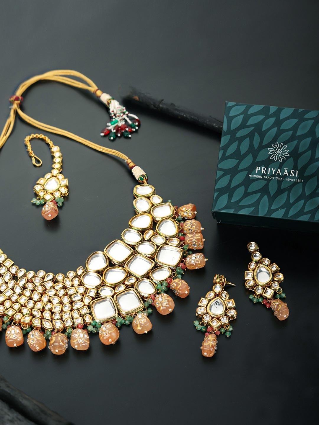 Women's Peach Pearls Beads Kundan Gold Plated Choker Set with MaangTikka - Priyaasi - Indiakreations