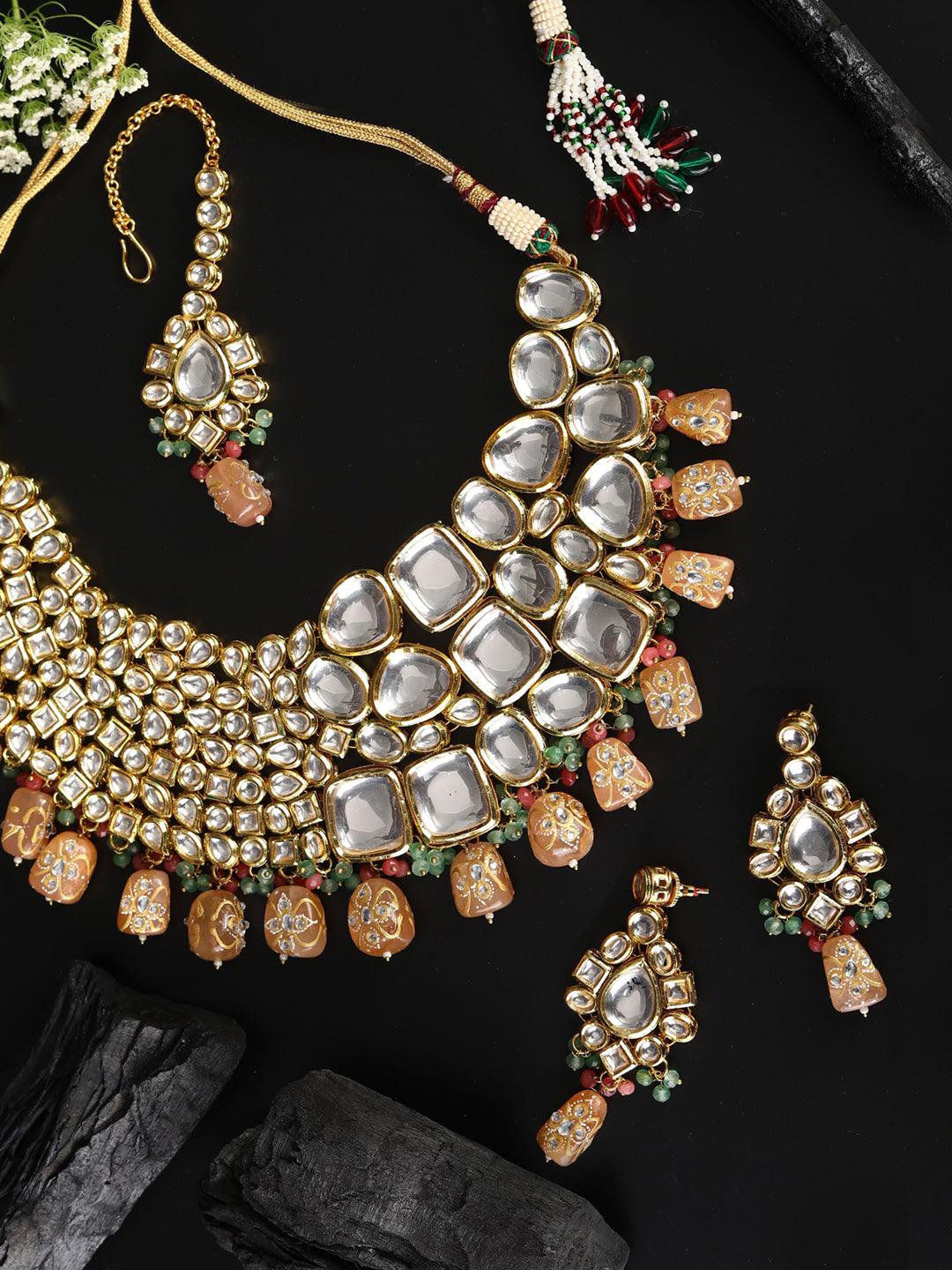 Women's Peach Pearls Beads Kundan Gold Plated Choker Set with MaangTikka - Priyaasi - Indiakreations