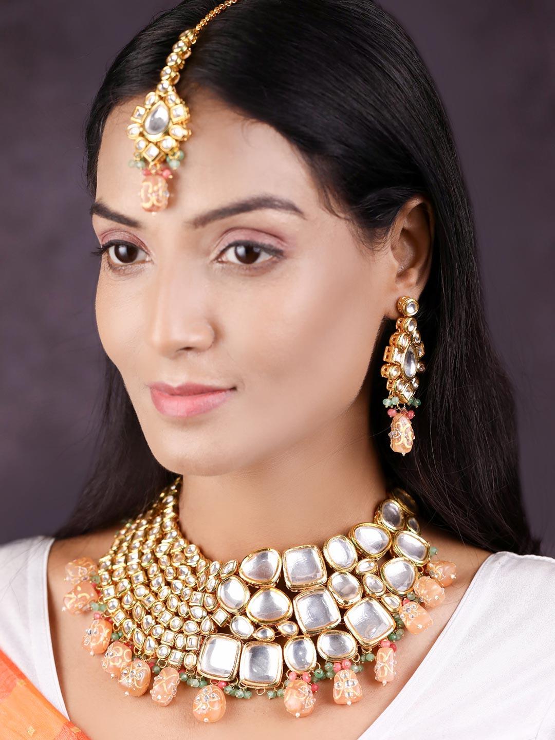 Women's Peach Pearls Beads Kundan Gold Plated Choker Set with MaangTikka - Priyaasi - Indiakreations