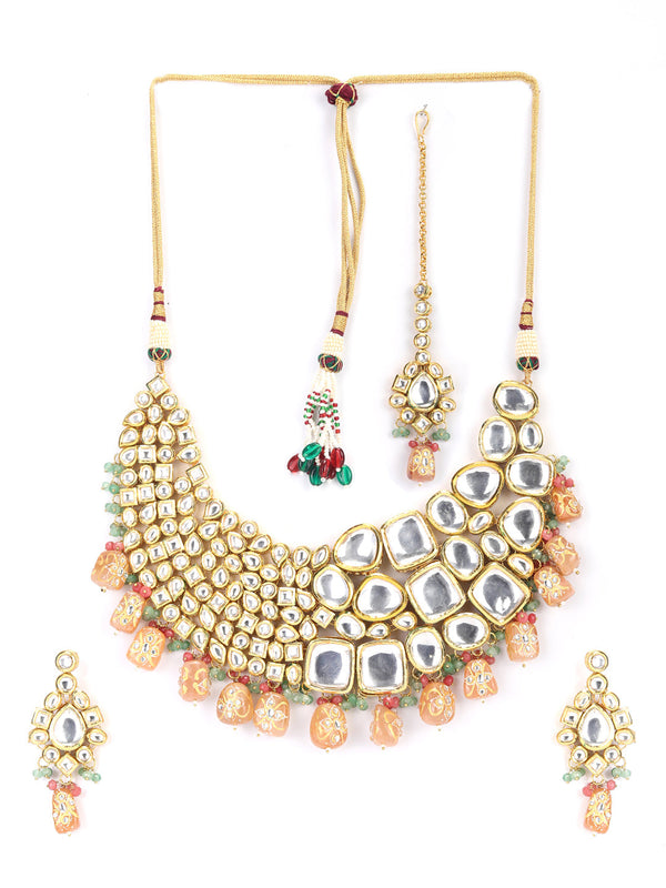 Women's Peach Pearls Beads Kundan Gold Plated Choker Set with MaangTikka - Priyaasi