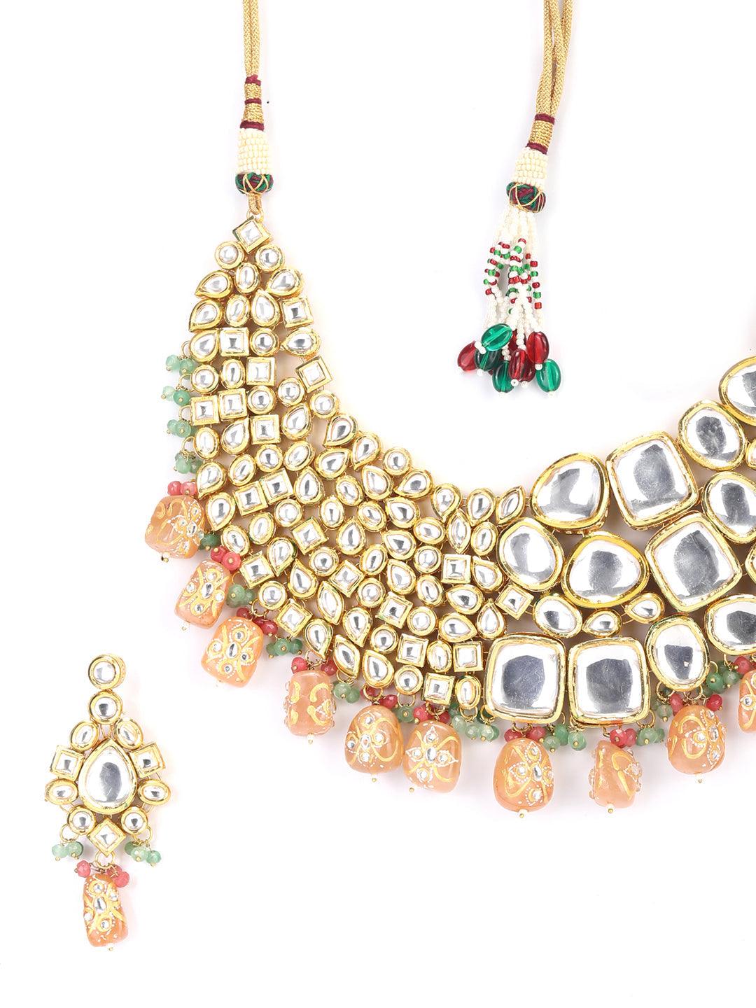 Women's Peach Pearls Beads Kundan Gold Plated Choker Set with MaangTikka - Priyaasi - Indiakreations