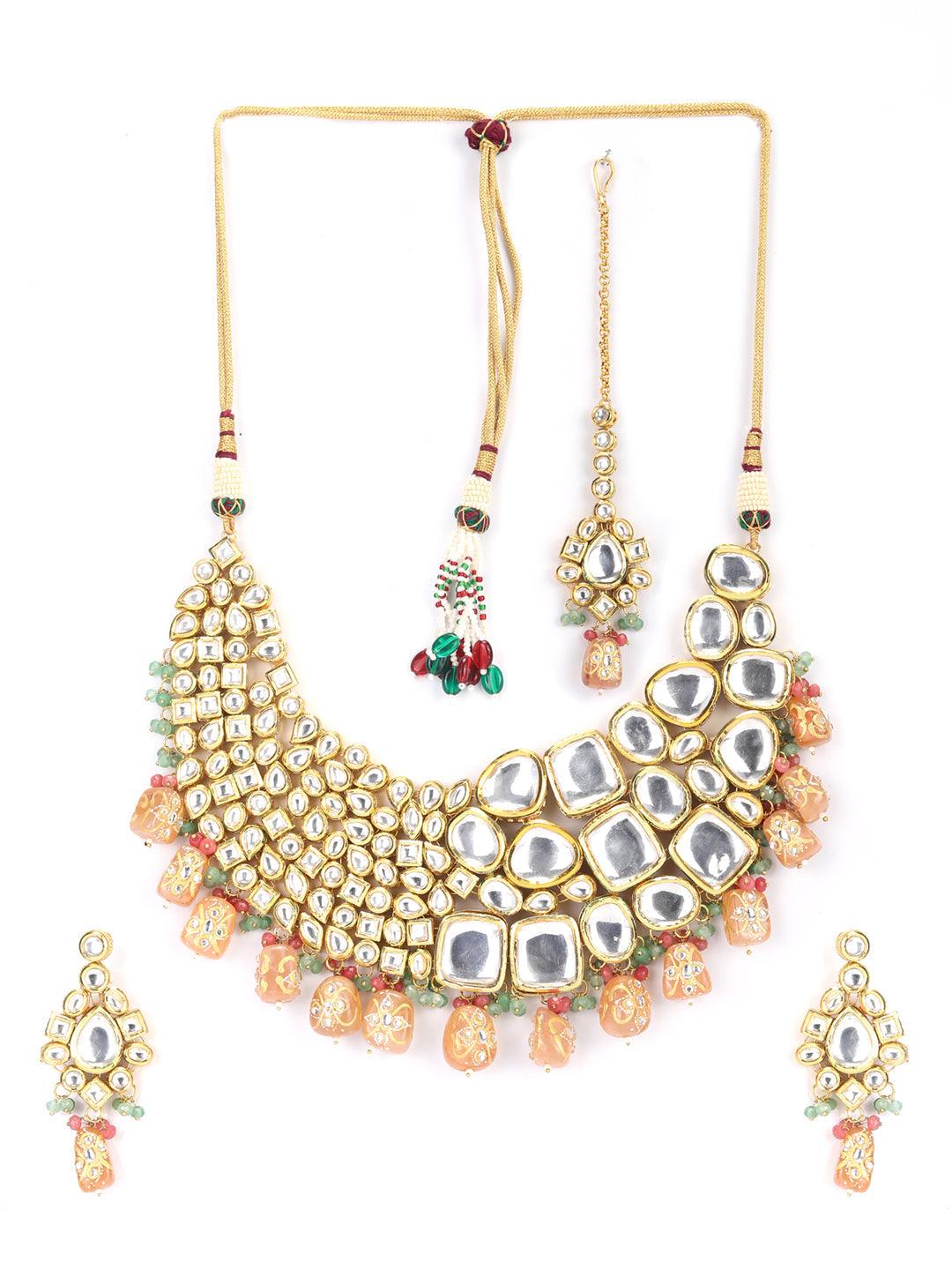 Women's Peach Pearls Beads Kundan Gold Plated Choker Set with MaangTikka - Priyaasi - Indiakreations