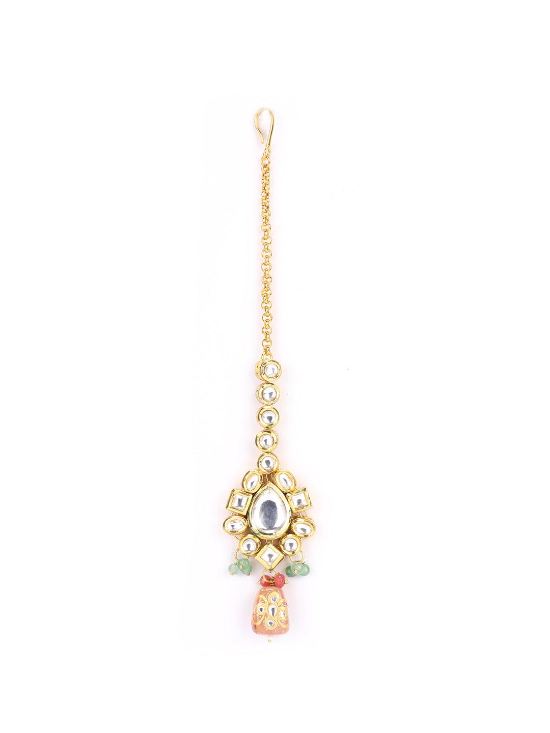 Women's Peach Pearls Beads Kundan Gold Plated Choker Set with MaangTikka - Priyaasi - Indiakreations