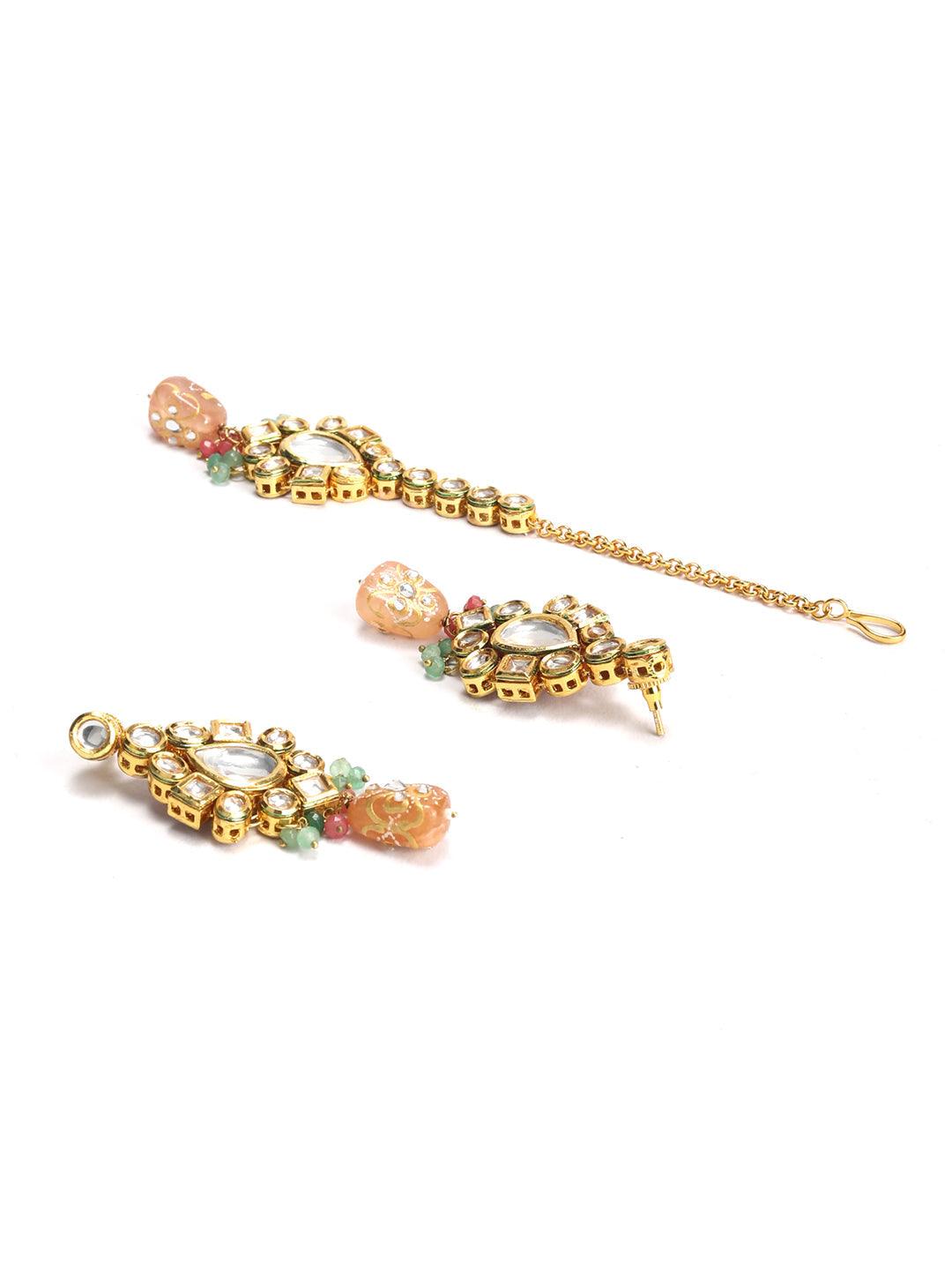 Women's Peach Pearls Beads Kundan Gold Plated Choker Set with MaangTikka - Priyaasi - Indiakreations