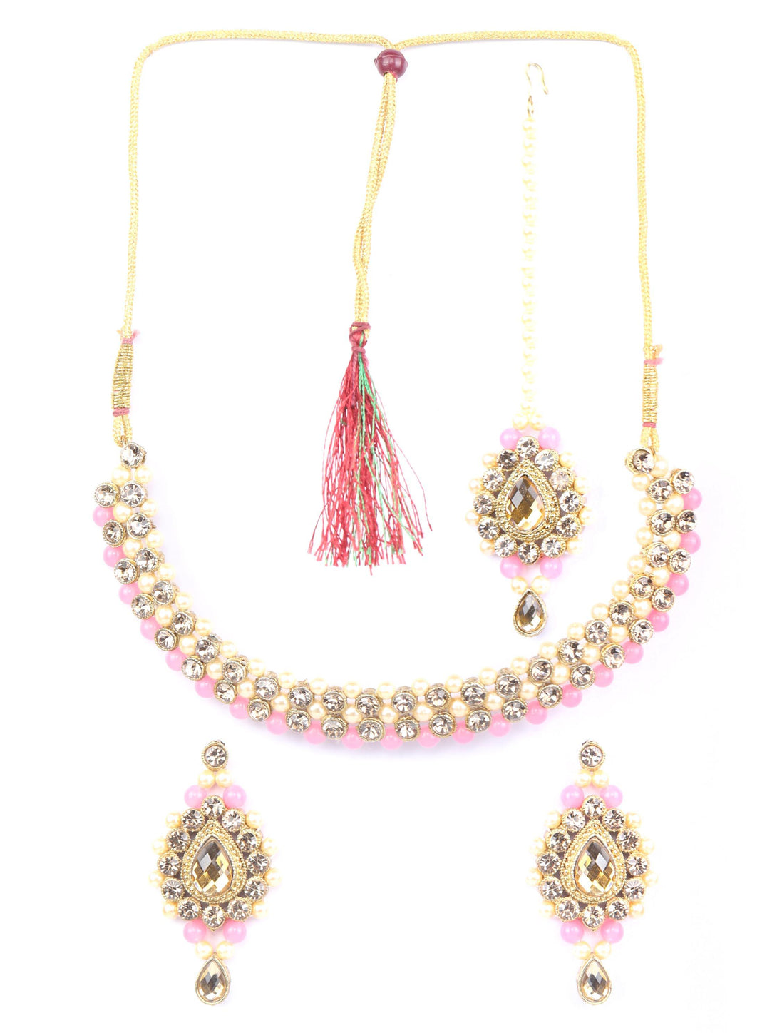 Women's Pink Kundan Pearls Gold Plated Jewellery Set with MaangTikka - Priyaasi - Indiakreations