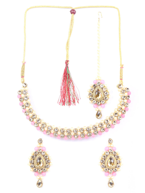 Women's Pink Kundan Pearls Gold Plated Jewellery Set with MaangTikka - Priyaasi - Indiakreations