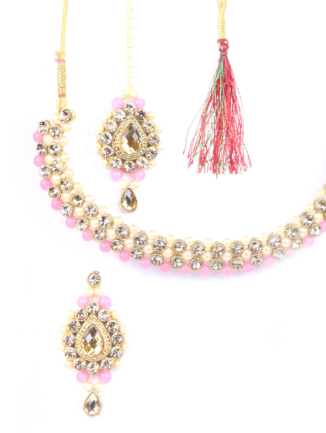 Women's Pink Kundan Pearls Gold Plated Jewellery Set with MaangTikka - Priyaasi - Indiakreations