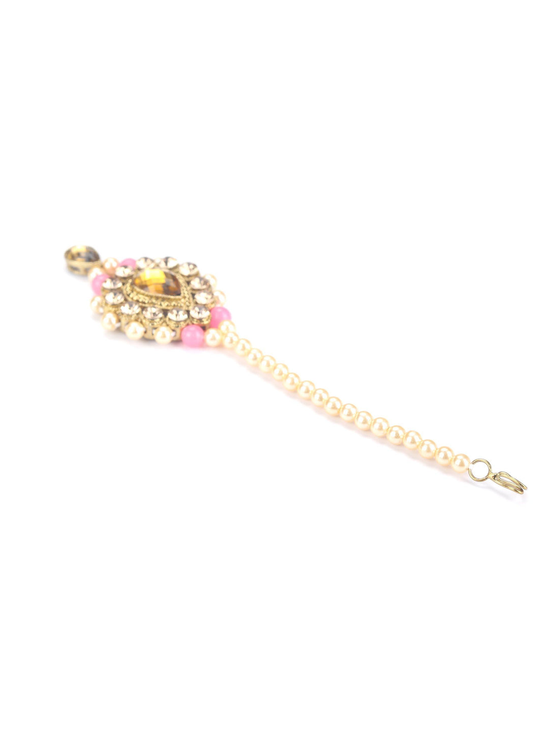 Women's Pink Kundan Pearls Gold Plated Jewellery Set with MaangTikka - Priyaasi - Indiakreations