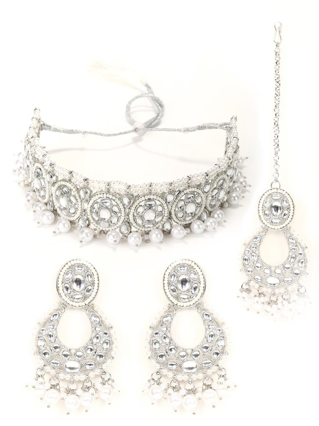 Women's Kundan Pearls Beads Silver Plated Choker Set with MaangTikka - Priyaasi - Indiakreations