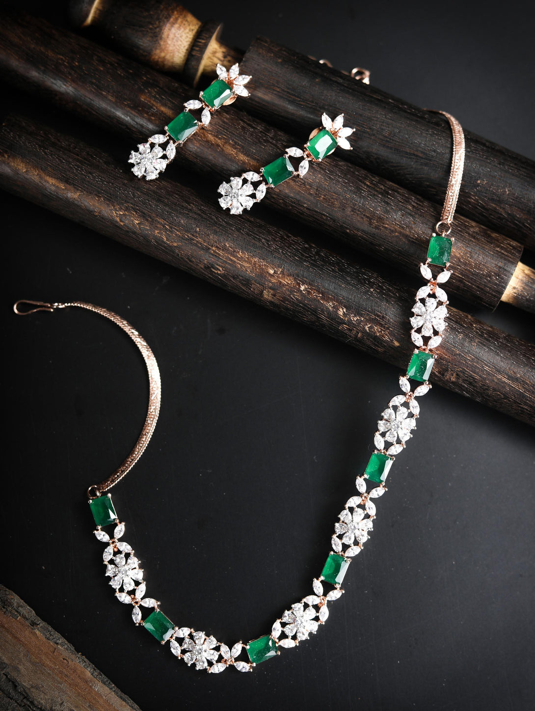 Women's Green American Diamond Rose Gold Plated Jewellery Set - Priyaasi - Indiakreations