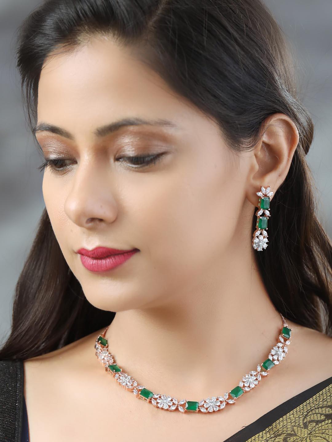 Women's Green American Diamond Rose Gold Plated Jewellery Set - Priyaasi - Indiakreations