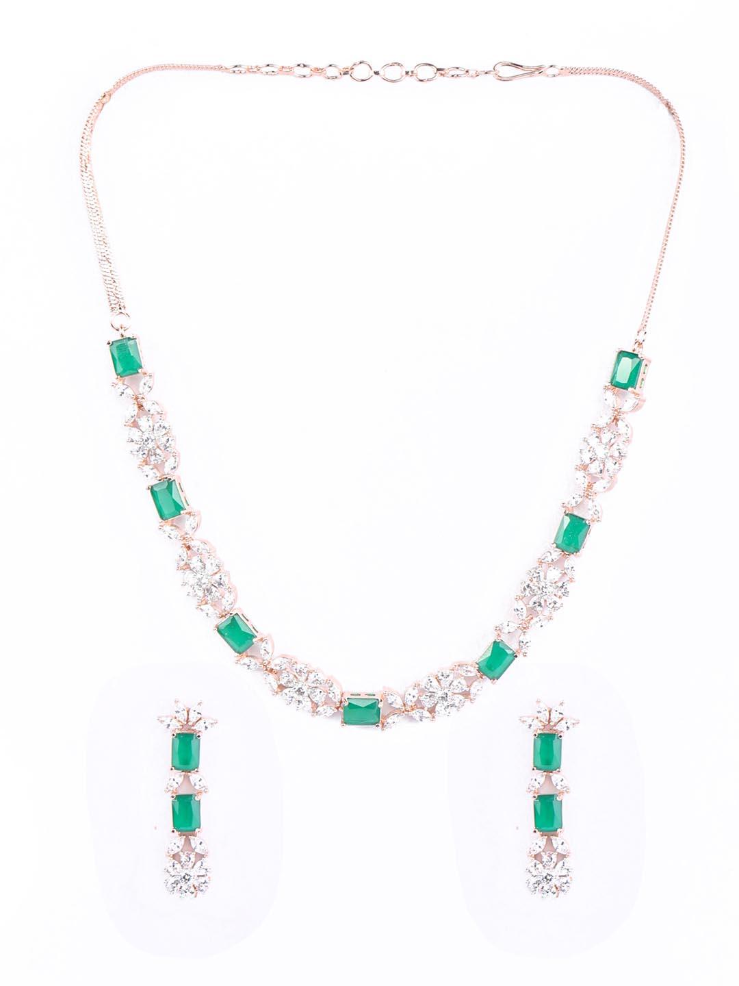 Women's Green American Diamond Rose Gold Plated Jewellery Set - Priyaasi - Indiakreations