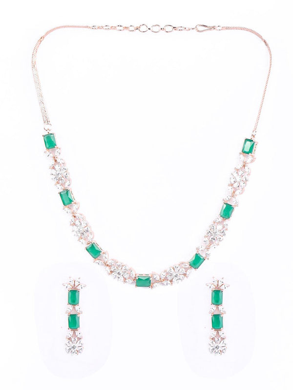 Women's Green American Diamond Rose Gold Plated Jewellery Set - Priyaasi - Indiakreations