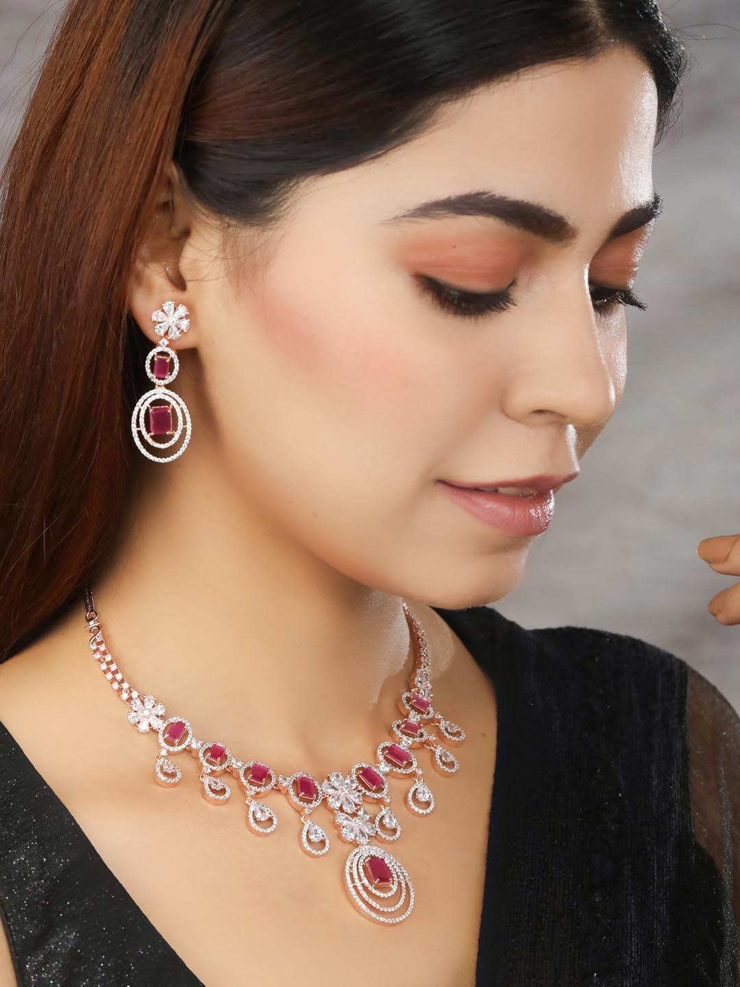 Women's Pink American Diamond Rose Gold-Plated Jewellery Set - Priyaasi - Indiakreations