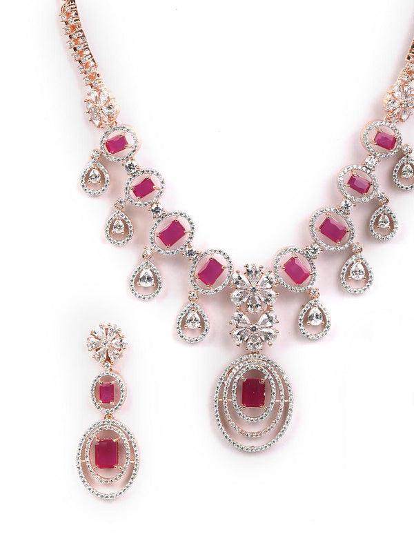 Women's Pink American Diamond Rose Gold-Plated Jewellery Set - Priyaasi