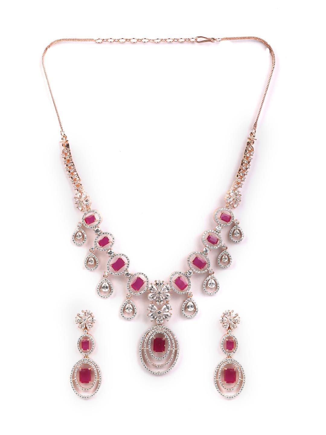 Women's Pink American Diamond Rose Gold-Plated Jewellery Set - Priyaasi - Indiakreations