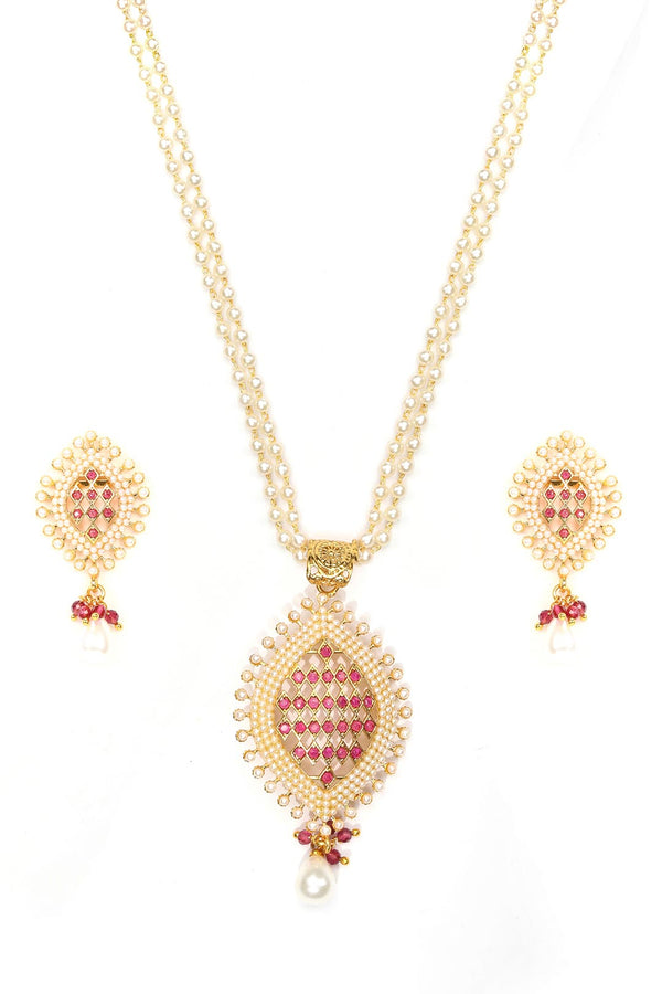 Women's White Beads Ruby Gold Plated Pendant Set - Priyaasi