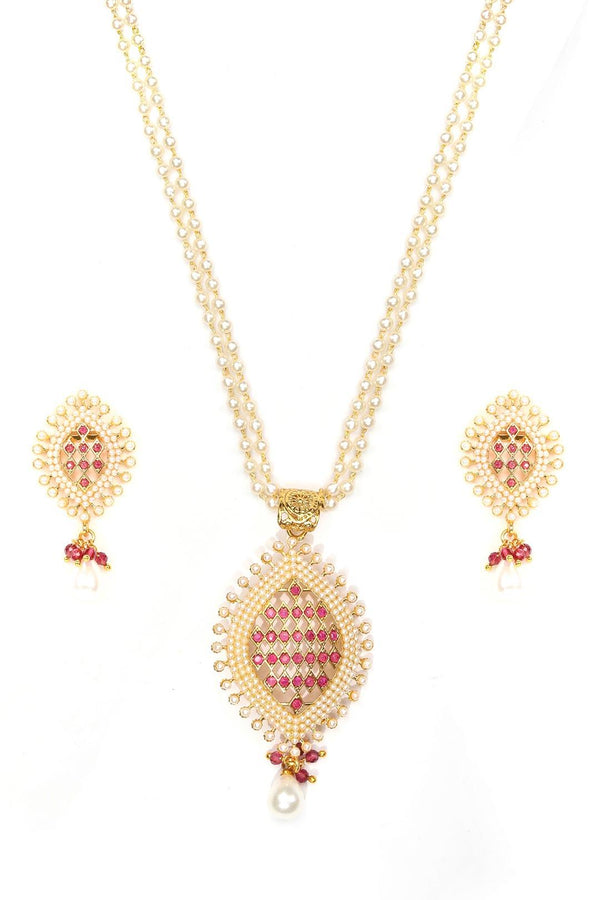 Women's White Beads Ruby Gold Plated Pendant Set - Priyaasi - Indiakreations