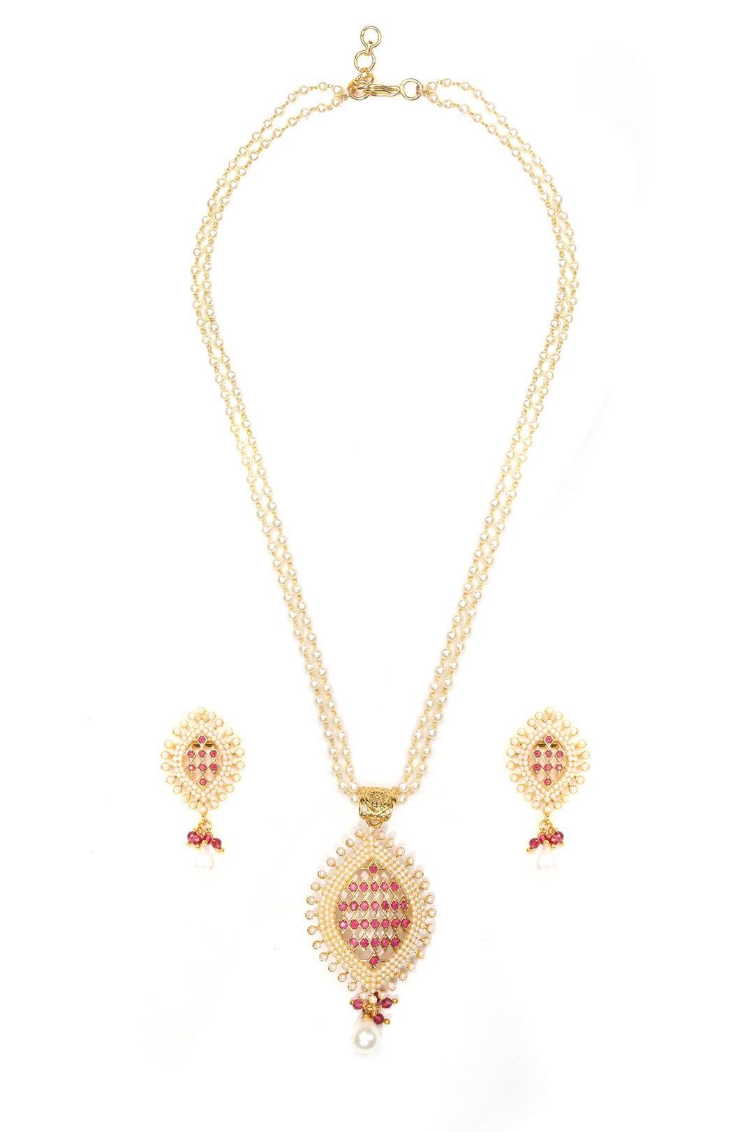 Women's White Beads Ruby Gold Plated Pendant Set - Priyaasi - Indiakreations