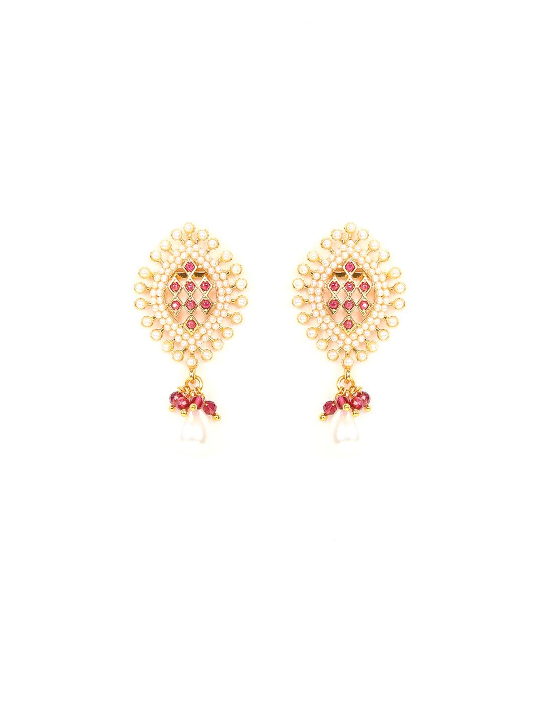 Women's White Beads Ruby Gold Plated Pendant Set - Priyaasi - Indiakreations