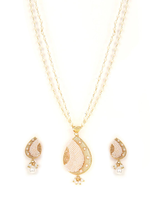 Women's White Beads Gold Plated Pendant Set - Priyaasi