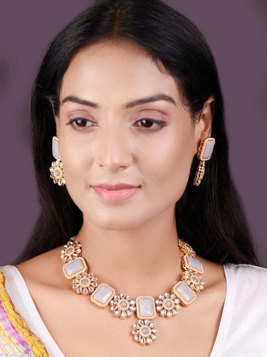 Women's Grey Stones Kundan Gold Plated Jewellery Set - Priyaasi - Indiakreations