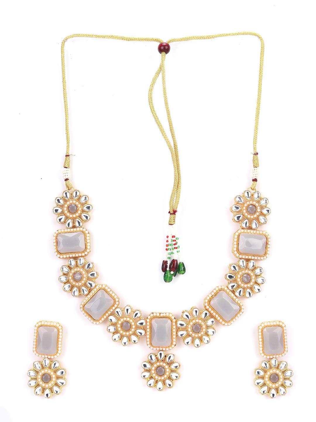 Women's Grey Stones Kundan Gold Plated Jewellery Set - Priyaasi - Indiakreations