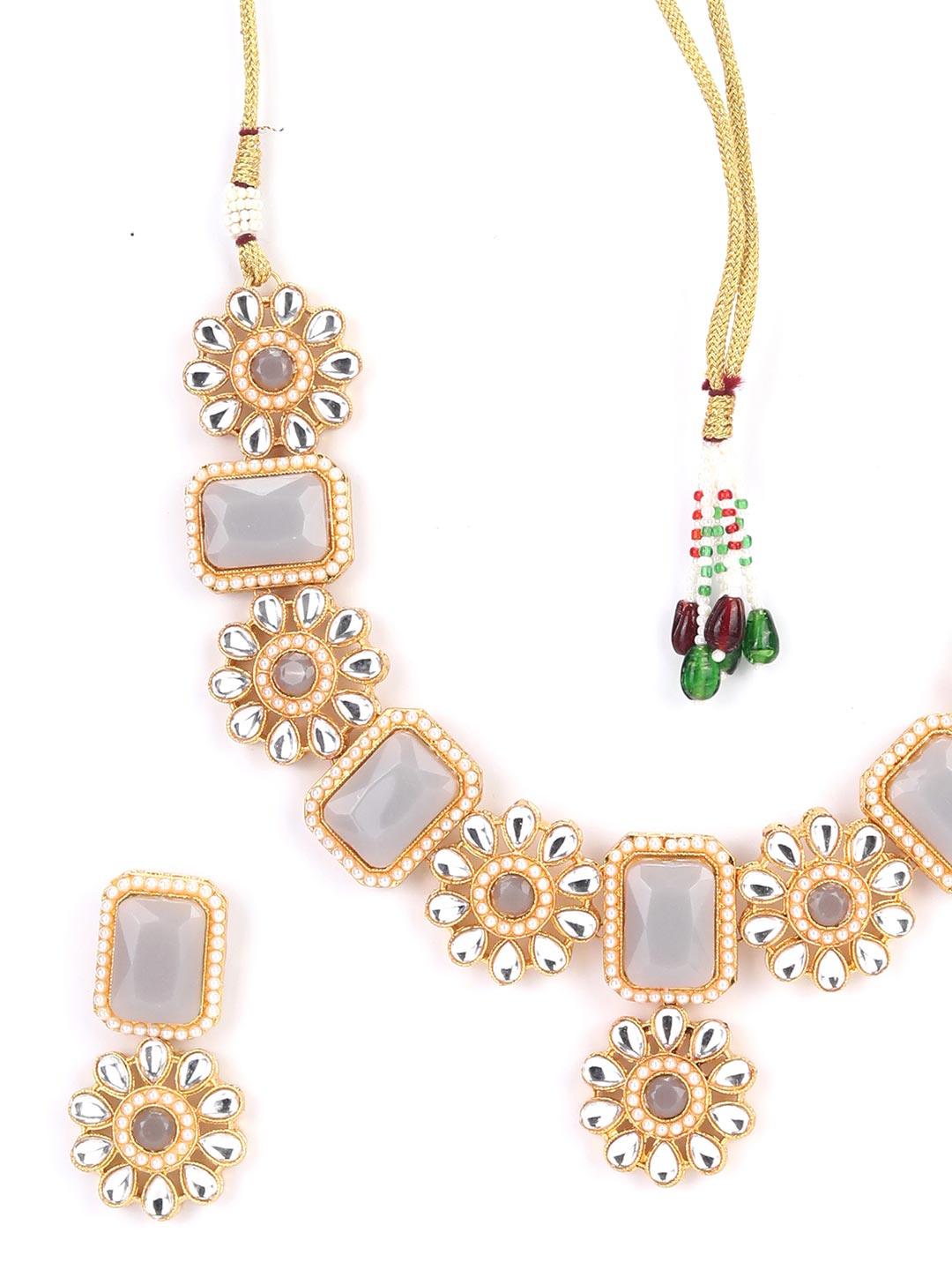 Women's Grey Stones Kundan Gold Plated Jewellery Set - Priyaasi - Indiakreations