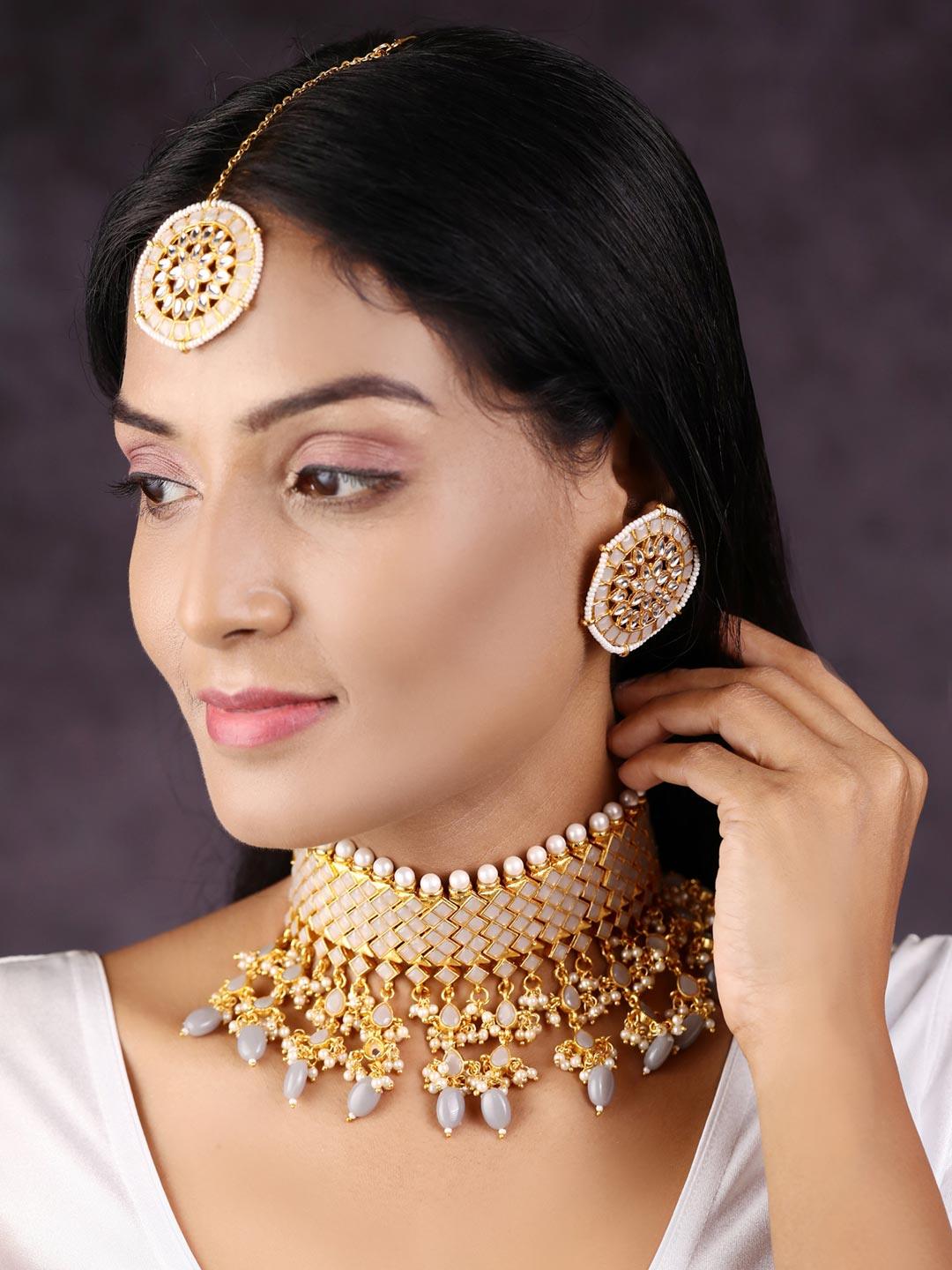 Women's Grey Pearls Beads Kundan Stones Gold Plated Choker Set with MaangTikka - Priyaasi - Indiakreations