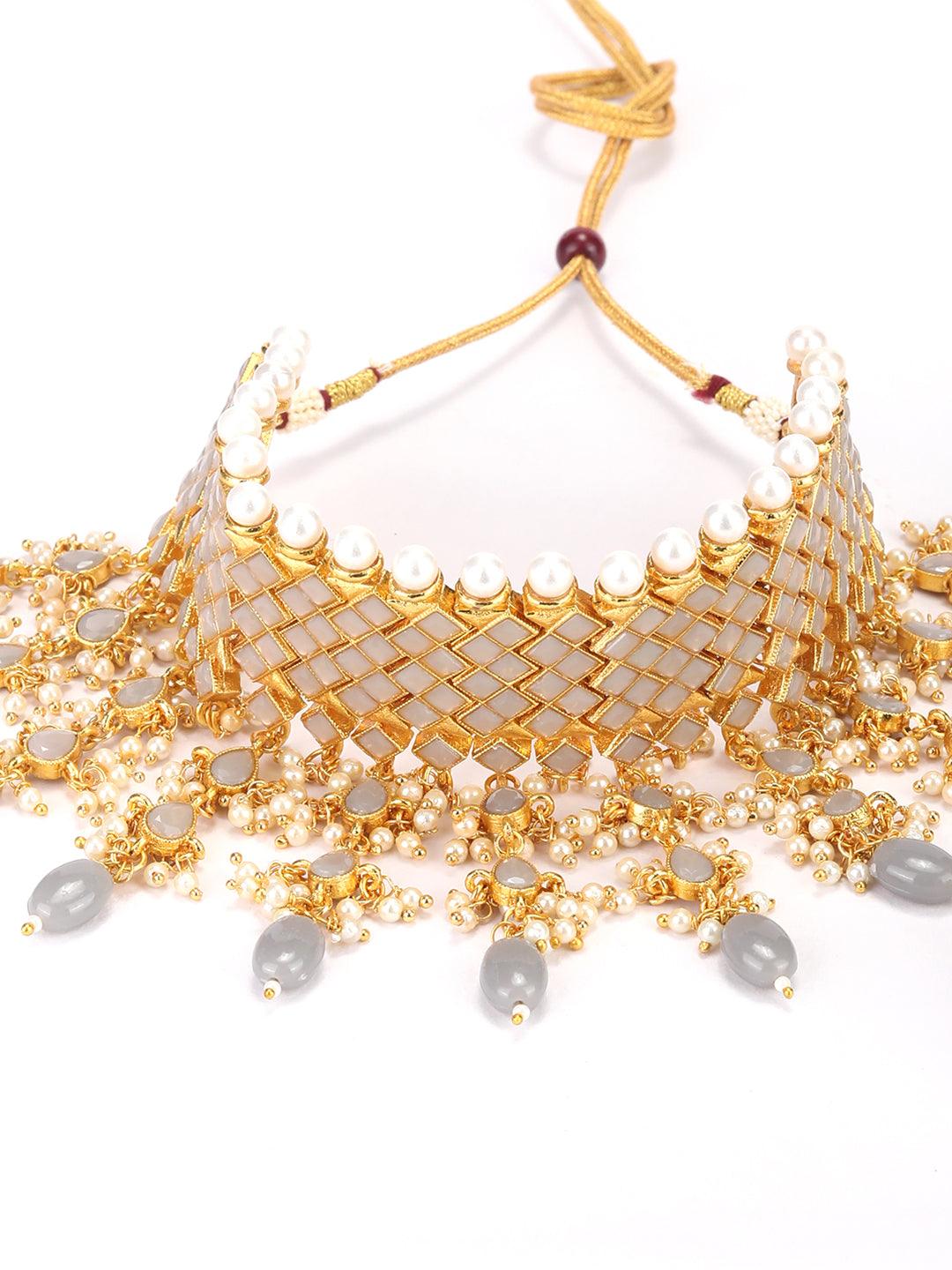 Women's Grey Pearls Beads Kundan Stones Gold Plated Choker Set with MaangTikka - Priyaasi - Indiakreations