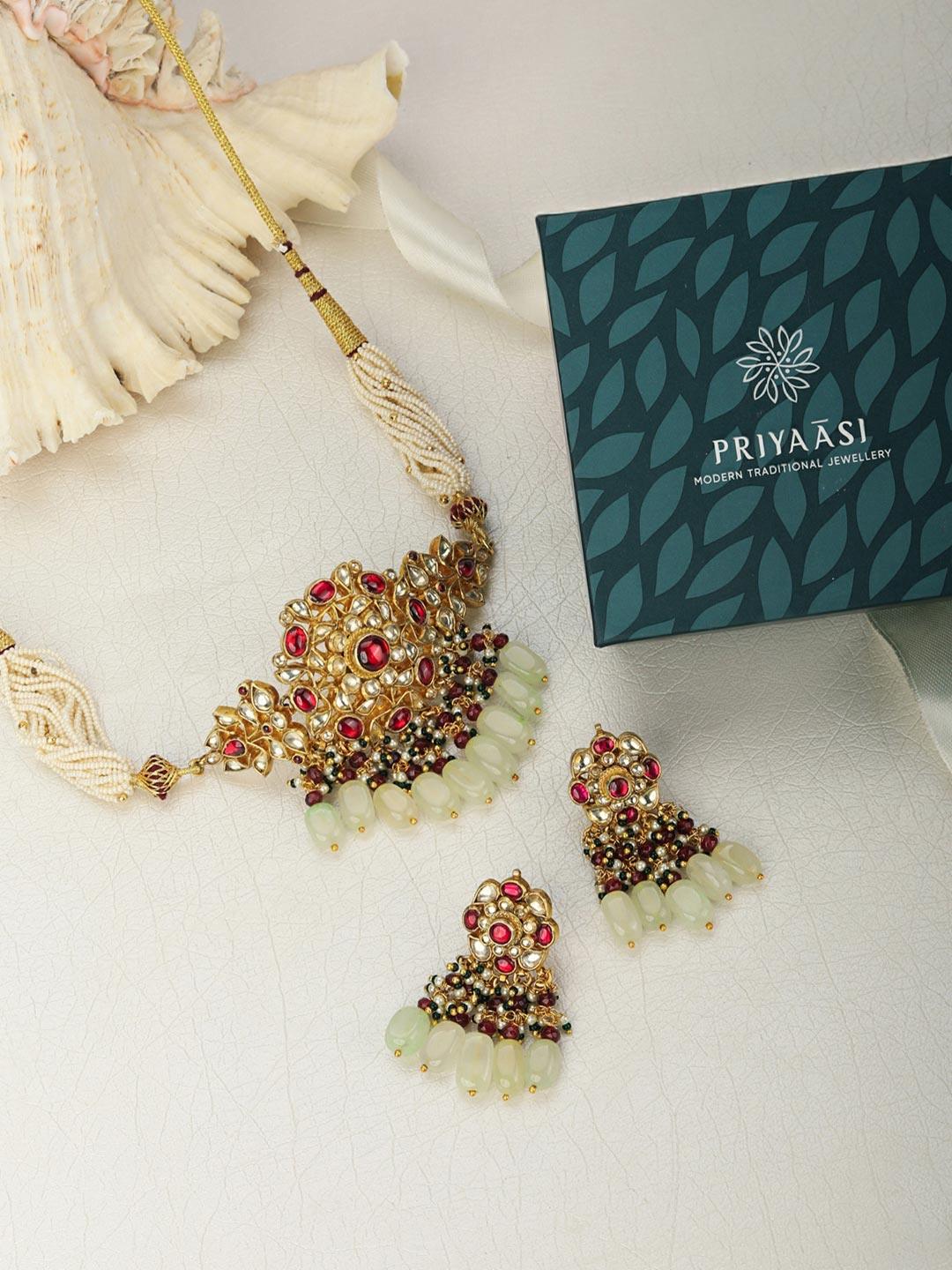 Women's Sahiba-White Pearls Beads Ruby Pachi Kundan Gold Plated Choker Set - Priyaasi - Indiakreations