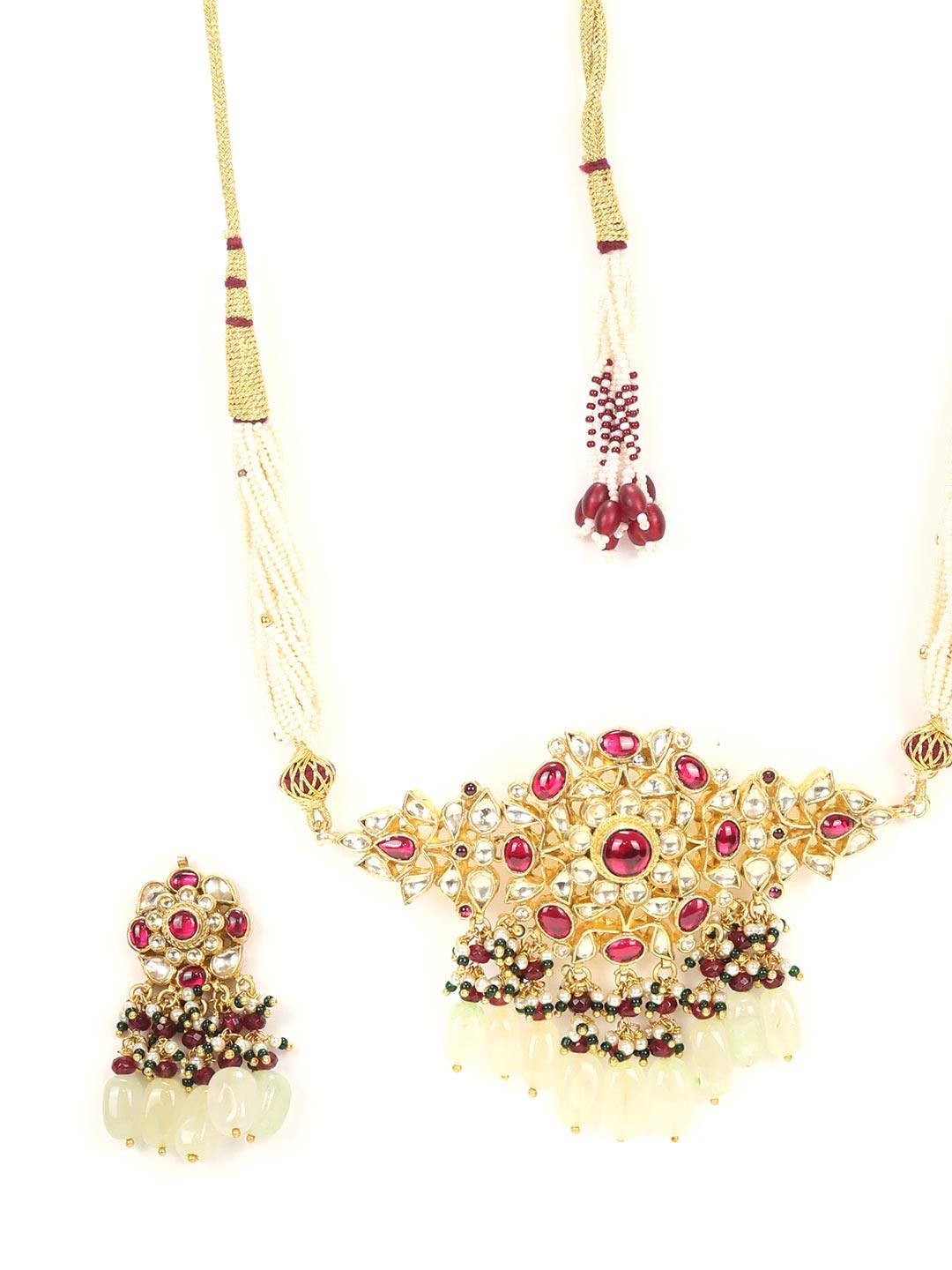 Women's Sahiba-White Pearls Beads Ruby Pachi Kundan Gold Plated Choker Set - Priyaasi - Indiakreations