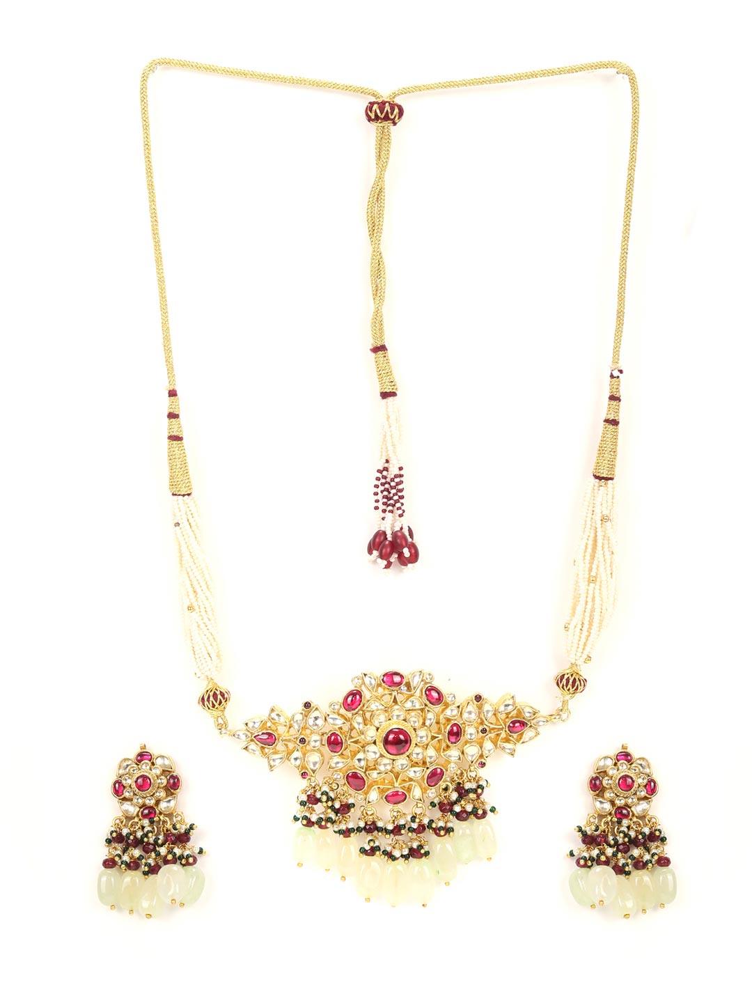 Women's Sahiba-White Pearls Beads Ruby Pachi Kundan Gold Plated Choker Set - Priyaasi - Indiakreations