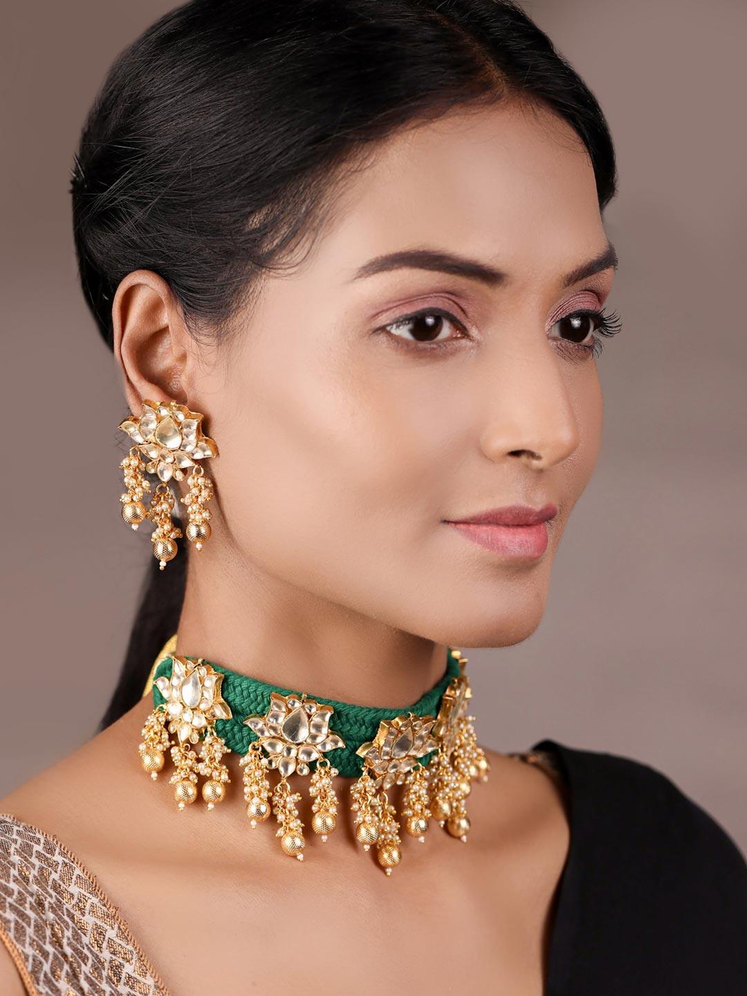 Women's Gul Bahaar - Green Thread Pearls Bead Pachi Kundan Gold Plated Lotus Choker Set - Priyaasi - Indiakreations