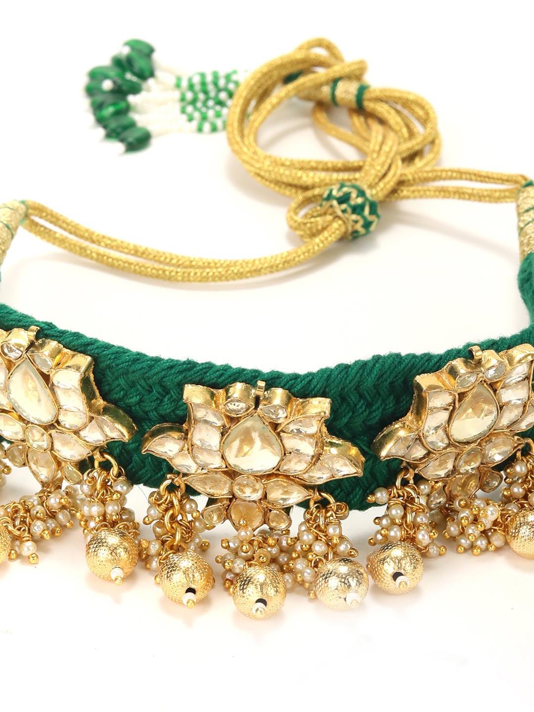 Women's Gul Bahaar - Green Thread Pearls Bead Pachi Kundan Gold Plated Lotus Choker Set - Priyaasi - Indiakreations