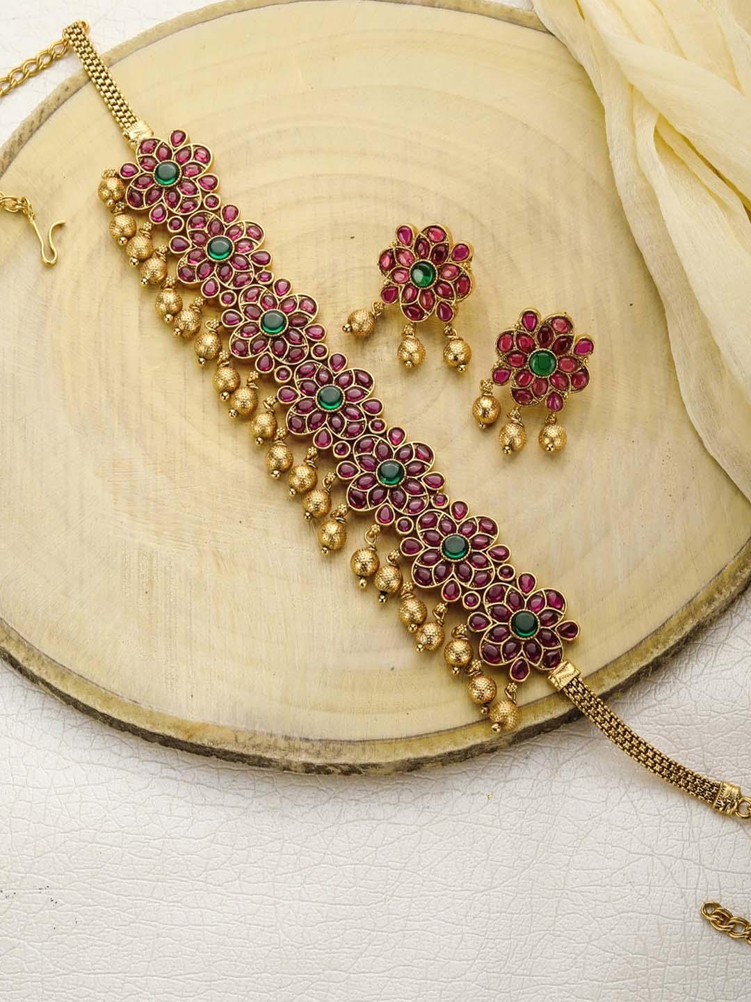 Women's Ruby Stones Pearls Gold Plated Floral Choker Set - Priyaasi - Indiakreations