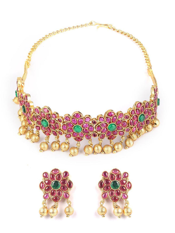 Women's Ruby Stones Pearls Gold Plated Floral Choker Set - Priyaasi - Indiakreations