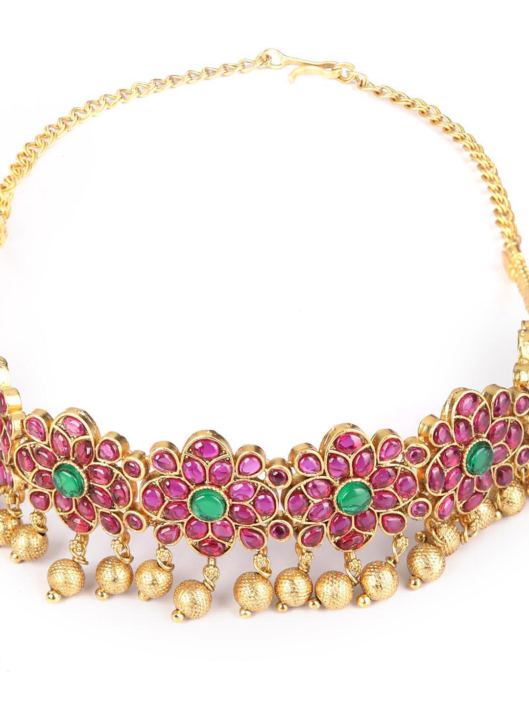 Women's Ruby Stones Pearls Gold Plated Floral Choker Set - Priyaasi - Indiakreations