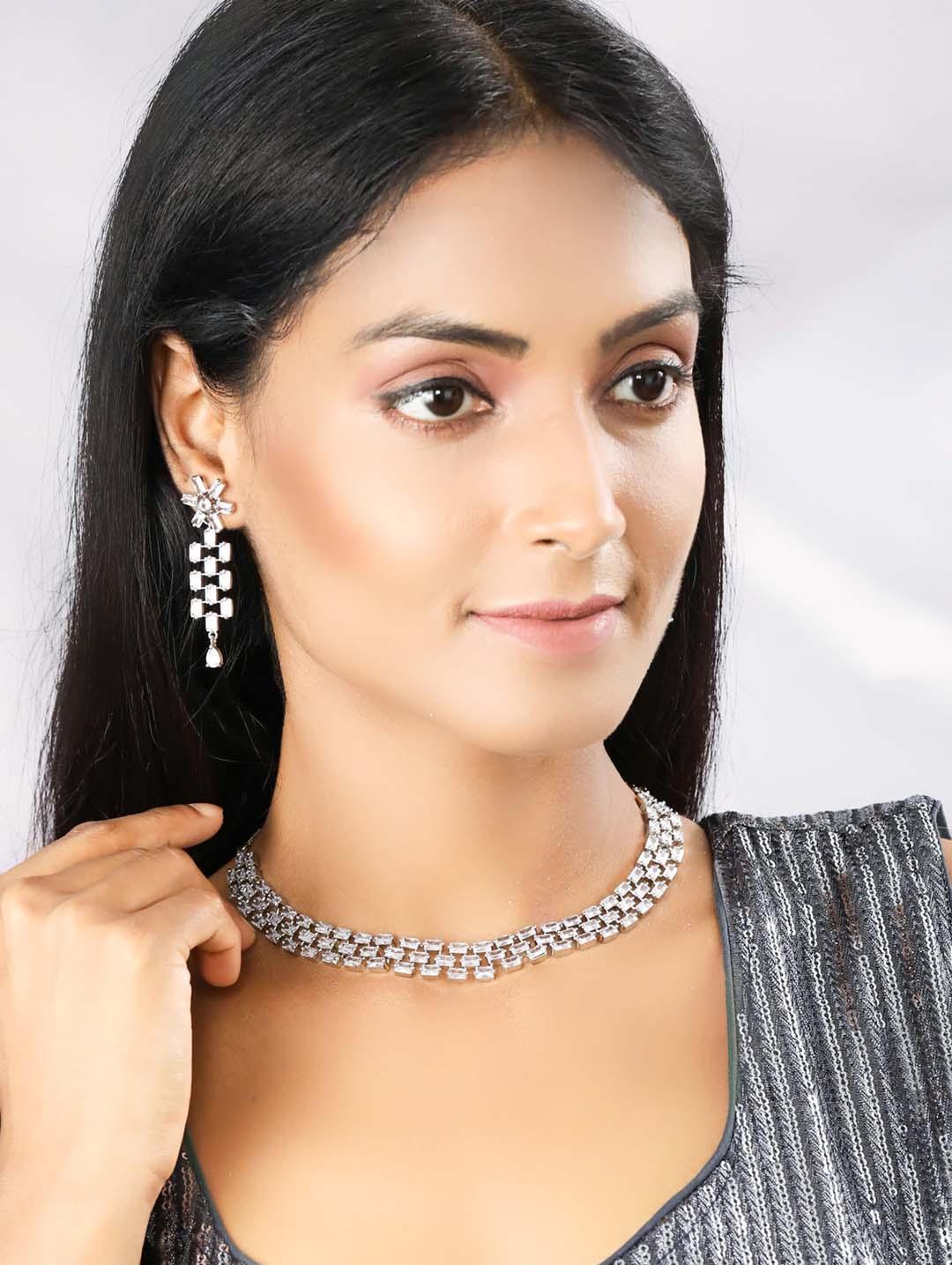 Women's American Diamond Silver Plated Jewellery Set - Priyaasi - Indiakreations